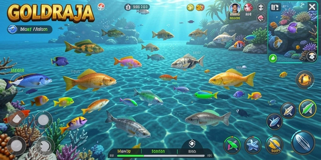 Screenshot gameplay seru dari GOLDRAJA yang menampilkan aksi tembak ikan