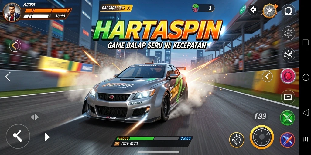 Tampilan gameplay HARTASPIN yang seru saat balapan.
