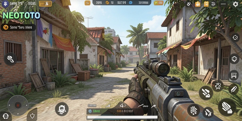 Screenshot NEOTOTO menampilkan aksi seru dalam gameplay TPS.