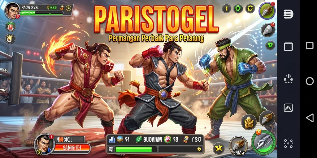 Screenshot gameplay PARISTOGEL menampilkan pertarungan intens di arena.