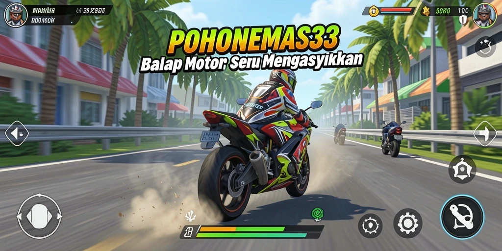 Tampilan gameplay menarik dari POHONEMAS33 dengan balapan motor yang penuh aksi.