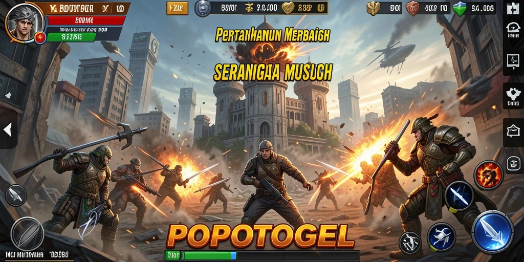 Tampilan gameplay POPOTOGEL dengan berbagai menara pertahanan yang strategis.