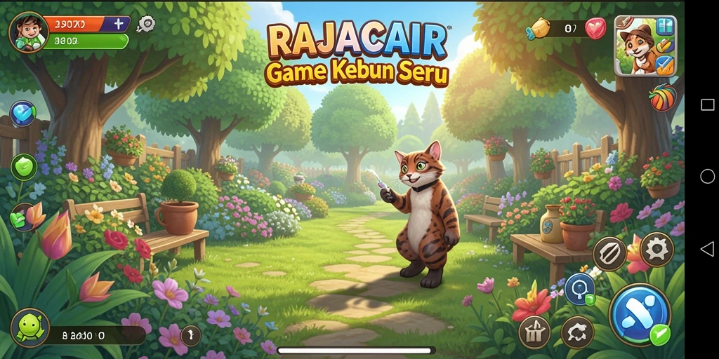 Gameplay seru dalam RAJACAIR dengan kebun yang luas.